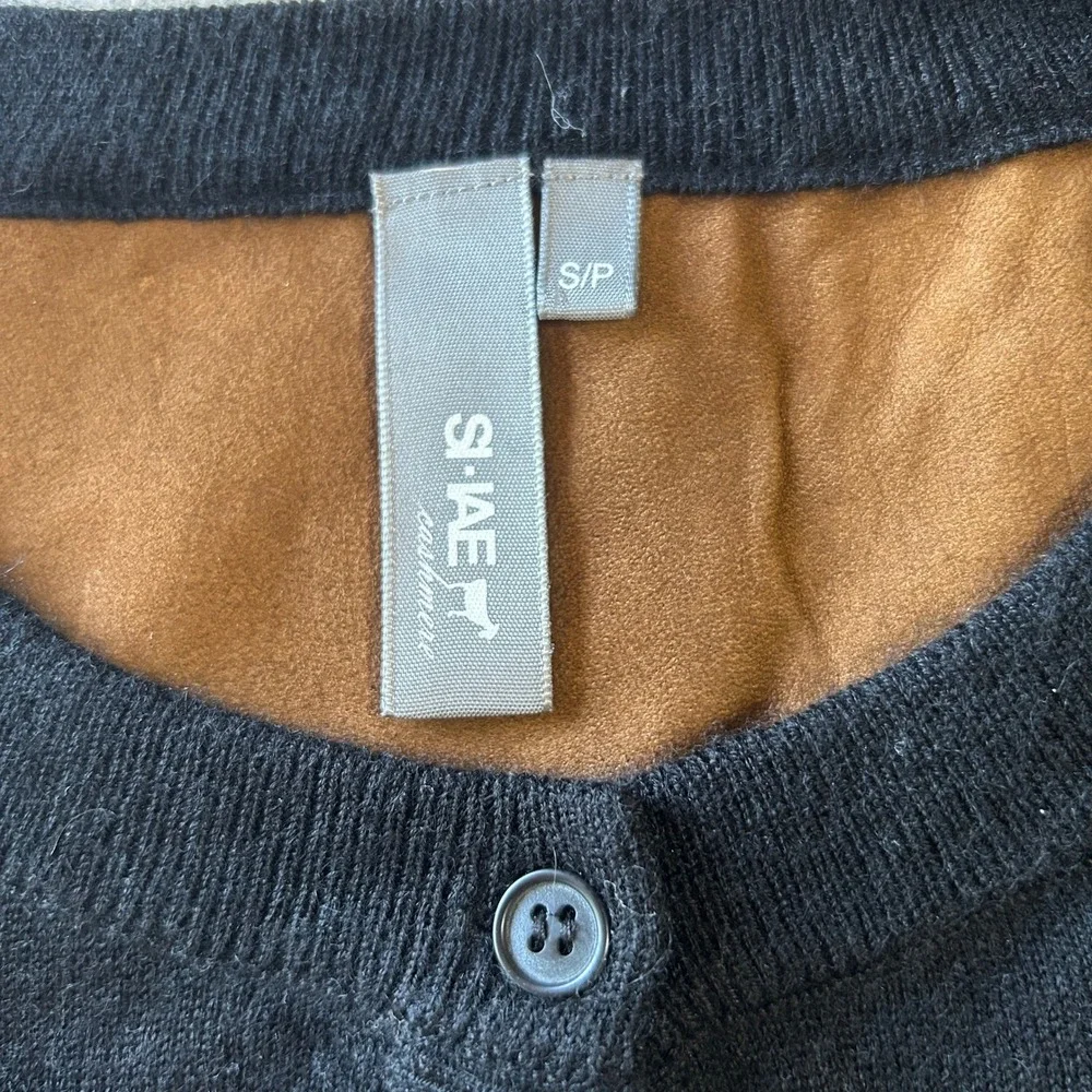 Anthropology Cashmere Cardigan Small Black Brown Leather Elbow Patch Sweater